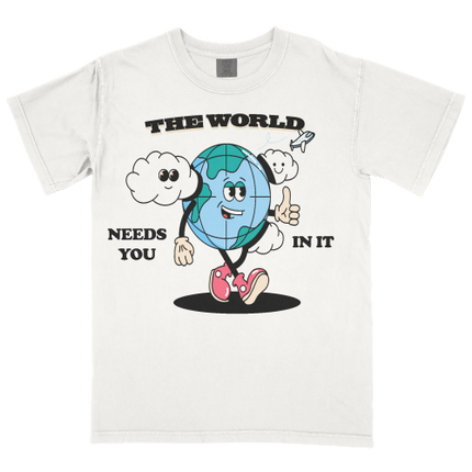 The World graphic t-shirt by Planet Euphoria in off-white, front view.