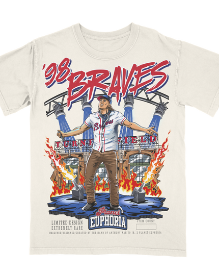 Planet Euphoria 98 Braves baseball graphic tee in off-white.