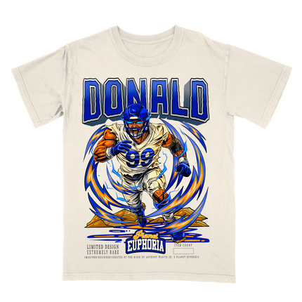 Aaron Donald football graphic tee by Planet Euphoria in off-white, front view.