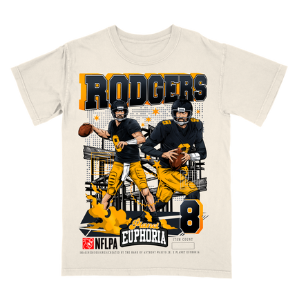 Aaron Rodgers #8 Pittsburgh NFLPA graphic tee by Planet Euphoria in off-white, front view.