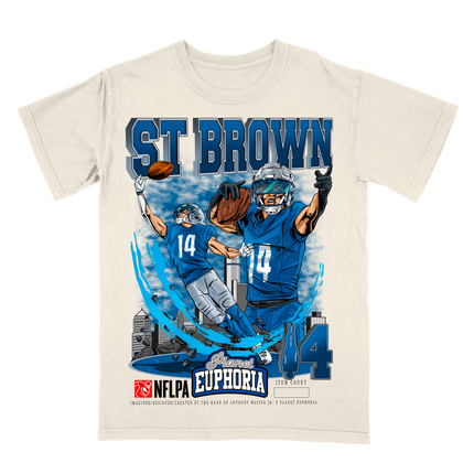Amon-Ra St. Brown Detroit Lions football player graphic tee by Planet Euphoria in off-white, front view.
