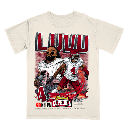 Frankie Luvu Washington football player graphic tee by Planet Euphoria in off-white, front view.
