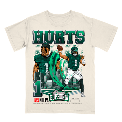 Jalen Hurts Philadelphia NFL Player graphic tee V3  by Planet Euphoria in off-white, front view.