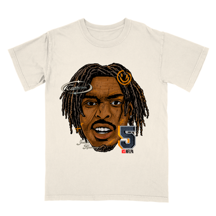 Jalen Ramsey Fat Head graphic tee by Planet Euphoria in off-white, front view.
