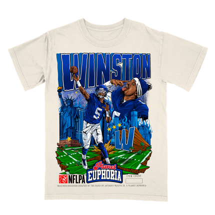 Jameis Winston New York NFLPA graphic t-shirt by Planet Euphoria in off-white, front view.