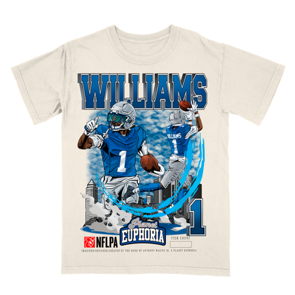 Jameson Williams Detroit Lions football player graphic tee by Planet Euphoria in off-white, front view.