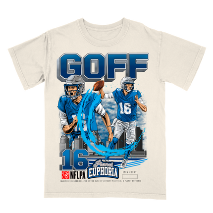 Jared Goff Detroit Lions football player graphic tee V2 by Planet Euphoria in off-white, front view.