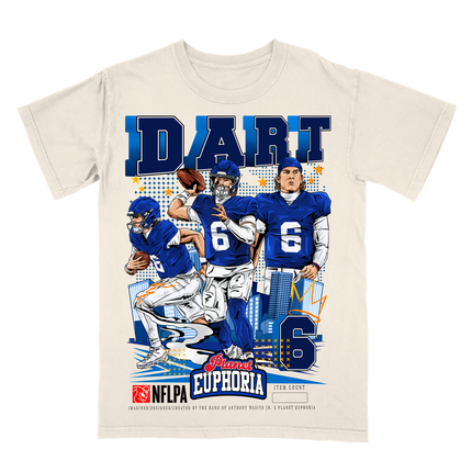 Jaxson Dart NY NFL player graphic t-shirt,  by Planet Euphoria in off-white, front view.