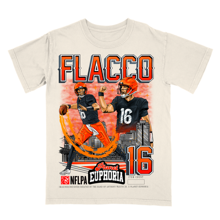 Joe Flacco Cleveland NFL Player graphic tee  by Planet Euphoria in off-white, front view.
