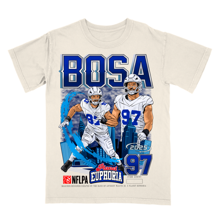 Joey Bosa Buffalo NFL Player graphic tee by Planet Euphoria in off-white, front view.