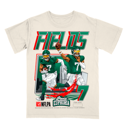 Justin Fields NY Jets graphic t-shirt V4 by Planet Euphoria in off-white, front view.