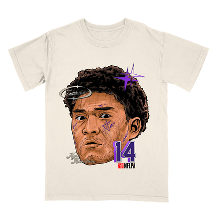 Kyle Hamilton Fat Head graphic tee by Planet Euphoria in off-white, front view.