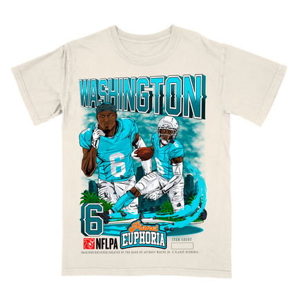 Malik Washington NFL Player Miami graphic tee by Planet Euphoria in off-white, front view.