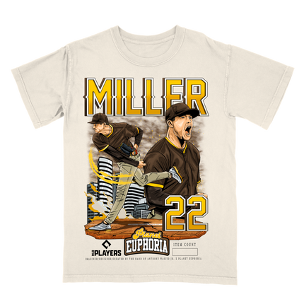 Mason Miller San Diego graphic tee by Planet Euphoria in off-white, front view.