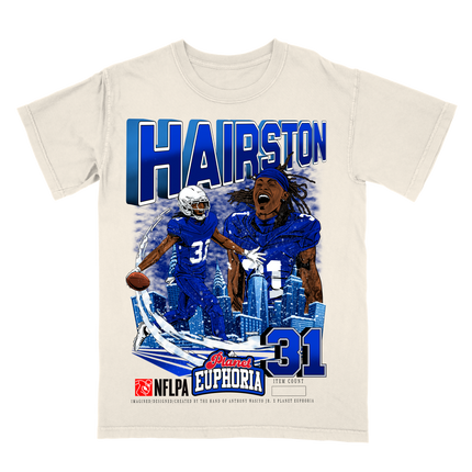 Maxwell Hairston NFL Player graphic tee by Planet Euphoria in off-white, front view.
