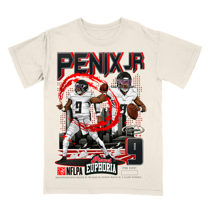 Michael Penix Jr Atlanta NFL player graphic tee by Planet Euphoria in off-white, front view.
