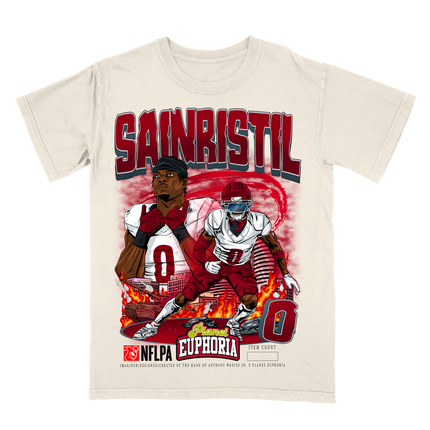 Mike Sainristil Washington Commanders football player graphic tee by planet Euphoria in off-white, front view.