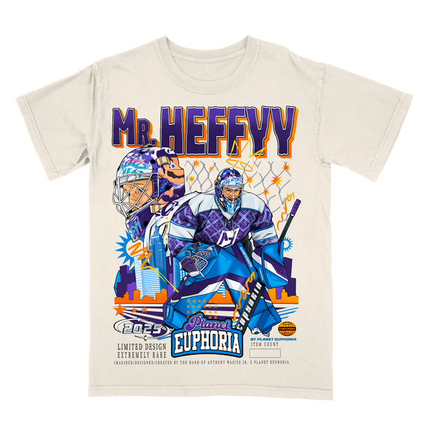 Mr. Heffyy graphic t-shirt by Planet Euphoria in white, front view.
