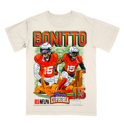 Nik Bonito Denver NFL Player graphic tee by Planet Euphoria in off-white, front view.