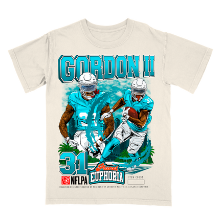 Ollie Gordon II Miami Player graphic tee by Planet Euphoria in off-white, front view.