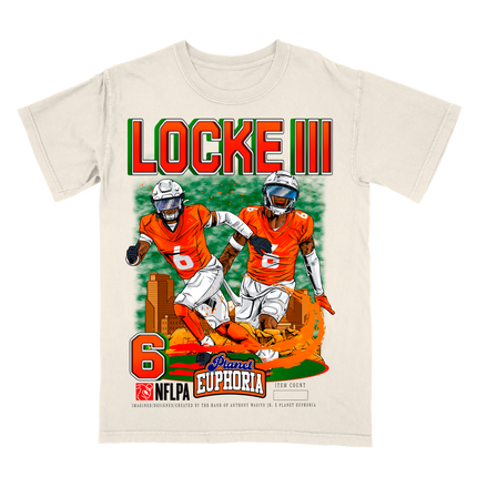 PJ Locke III Denver NFL Player graphic tee by Planet Euphoria in off-white, front view.