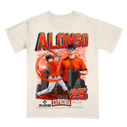 Pete Alonso Baltimore MLB graphic tee by Planet Euphoria in off-white, front view.