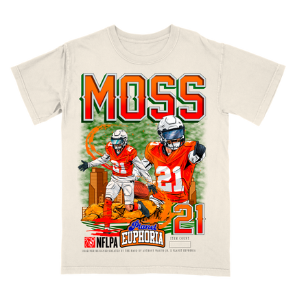 Riley Moss Denver NFL Player graphic tee by Planet Euphoria in off-white, front view.
