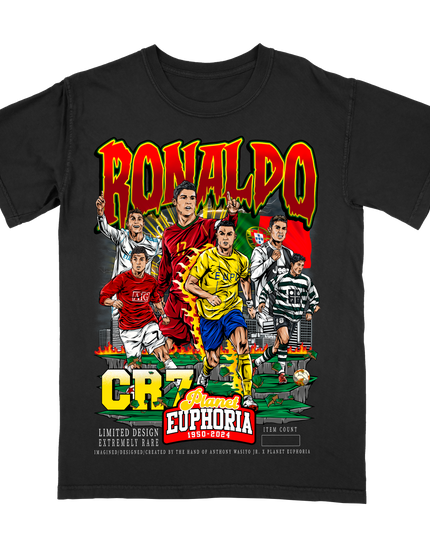 Ronaldo CR7 graphic tee by Planet Euphoria in black, front view.