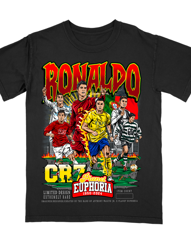 Ronaldo CR7 graphic tee by Planet Euphoria in black, front view.