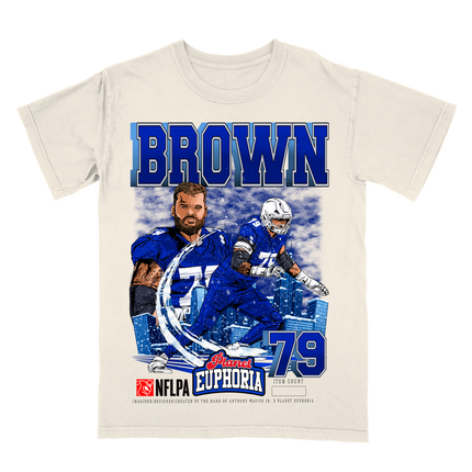Spencer Brown Buffalo Bills player graphic tee by Planet Euphoria in off-white, front view.