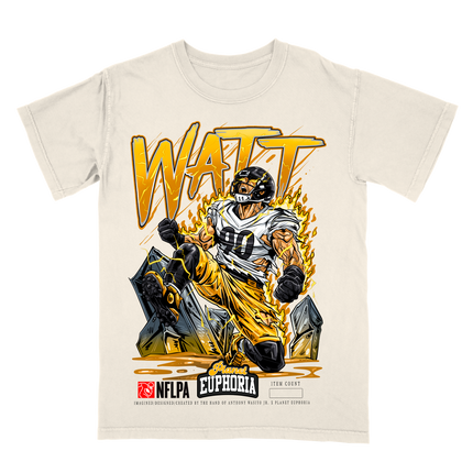 TJ Watt Steelers graphic tee V3 by Planet Euphoria in off-white, front view.