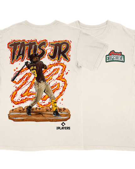 Fernando Tatís Jr. San Diego graphic tee by Planet Euphoria in off-white, front and back view.