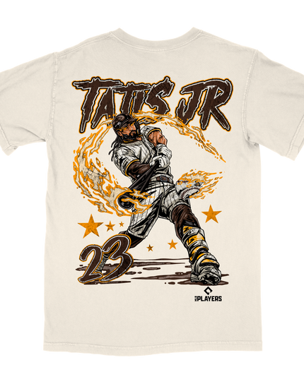 Fernando Tatís Jr baseball graphic tee V5 by Planet Euphoria in off-white, back view.