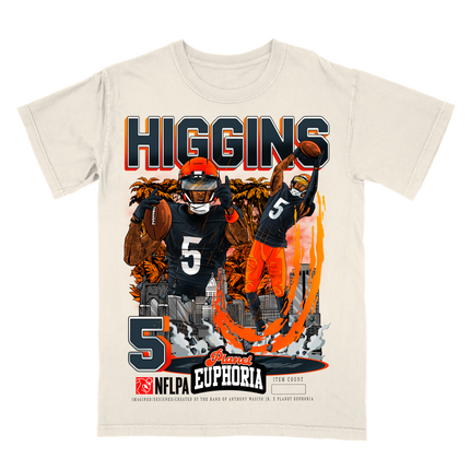 Tee Higgins Bengals NFL Player graphic tee  by Planet Euphoria in off-white, front view.