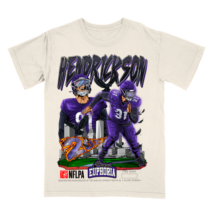 Trey Hendrickson Baltimore graphic tee by Planet Euphoria in off-white, front view.