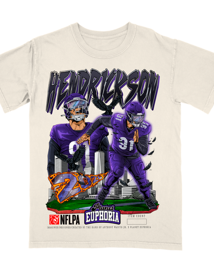 Trey Hendrickson Baltimore graphic tee by Planet Euphoria in off-white, front view.