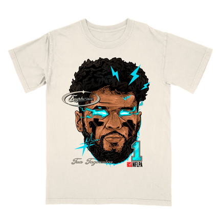 Tua Tagovailoa # 1 Dolphins NFLPA Fat Head t-shirt by Planet Euphoria in off-white, front view.
