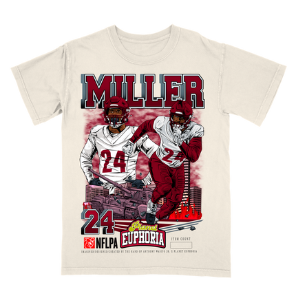 Von Miller Washington Commanders football player graphic tee by Planet Euphoria in off-white, front view.