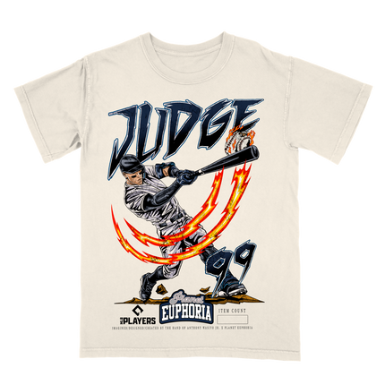 Aaron Judge 99 New York Yankees graphic tee by Planet Euphoria in off-white, front view.