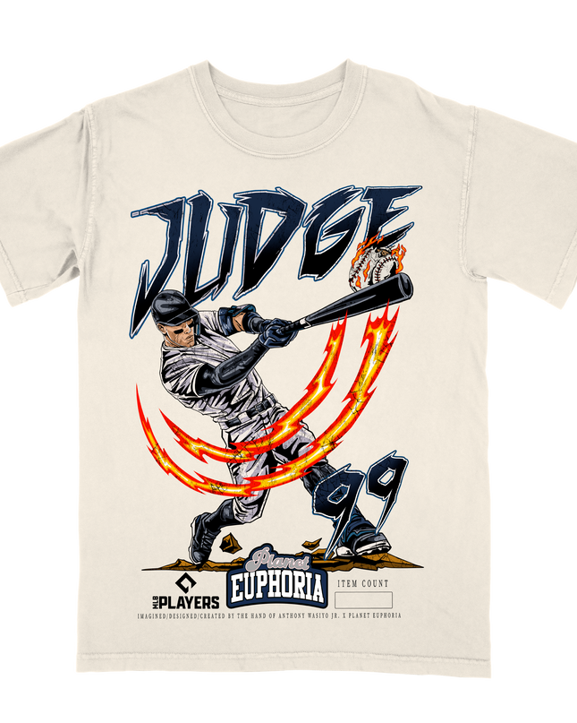 Aaron Judge 99 New York Yankees graphic tee by Planet Euphoria in off-white, front view.