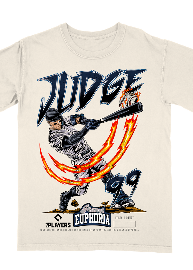Aaron Judge 99 New York Yankees graphic tee by Planet Euphoria in off-white, front view.