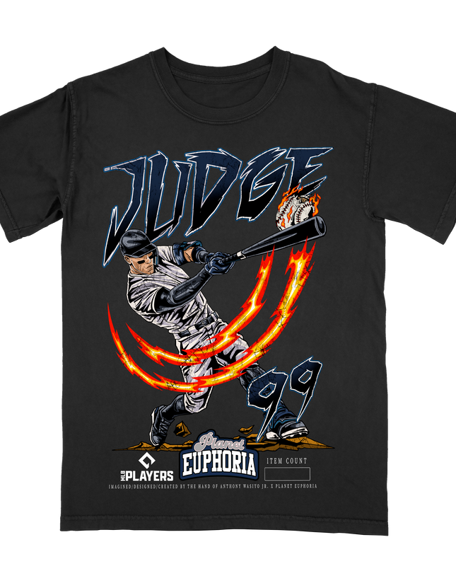 Aaron Judge New York All Rise graphic tee by Planet Euphoria in black, front view.