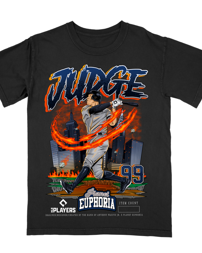 Aaron Judge NY Yankees Captain MLB Player graphic tee by Planet Euphoria in black, front view.