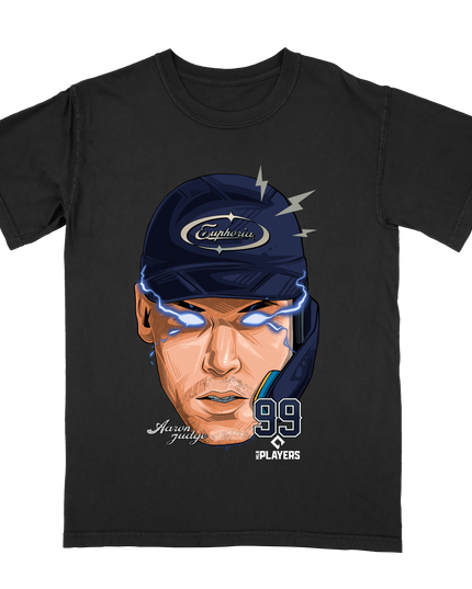 Aaron Judge Electric Eyes graphic tee by Planet Euphoria in black, front view.
