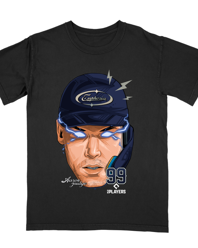 Aaron Judge Electric Eyes graphic tee by Planet Euphoria in black, front view.
