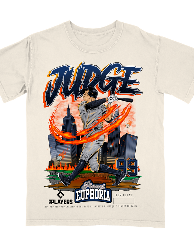 Aaron Judge NY Yankees MLB Player graphic tee by Planet Euphoria in off-white, front view.
