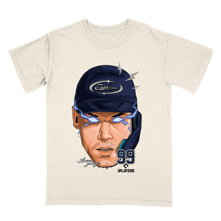 Aaron Judge New York MLBPA Fat Head with electric eyes graphic t-shirt by Planet Euphoria in off-white, front view.