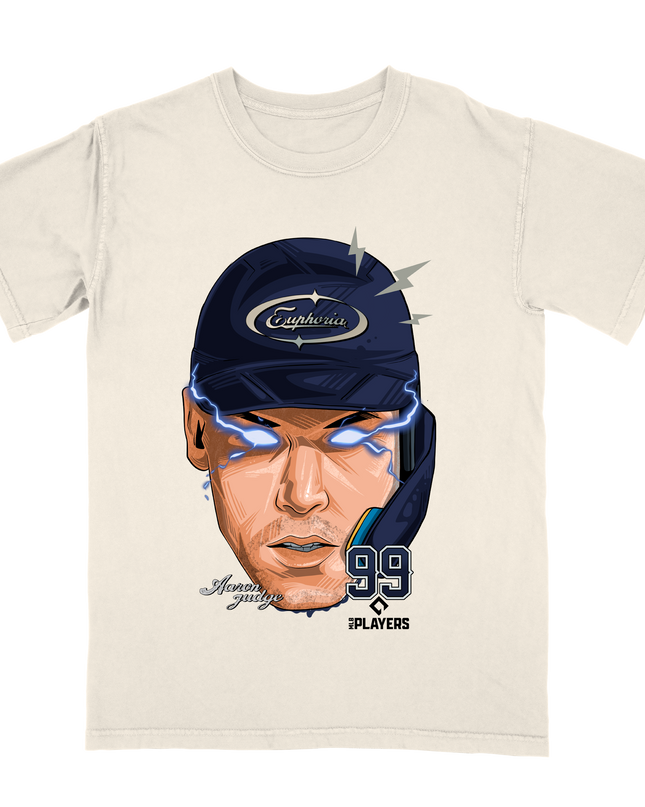 Aaron Judge New York MLBPA Fat Head with electric eyes graphic t-shirt by Planet Euphoria in off-white, front view.