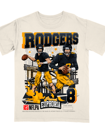Aaron Rodgers #8 Pittsburgh NFLPA graphic tee by Planet Euphoria in off-white, front view.