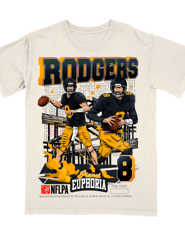 Aaron Rodgers #8 Pittsburgh NFLPA graphic tee by Planet Euphoria in off-white, front view.